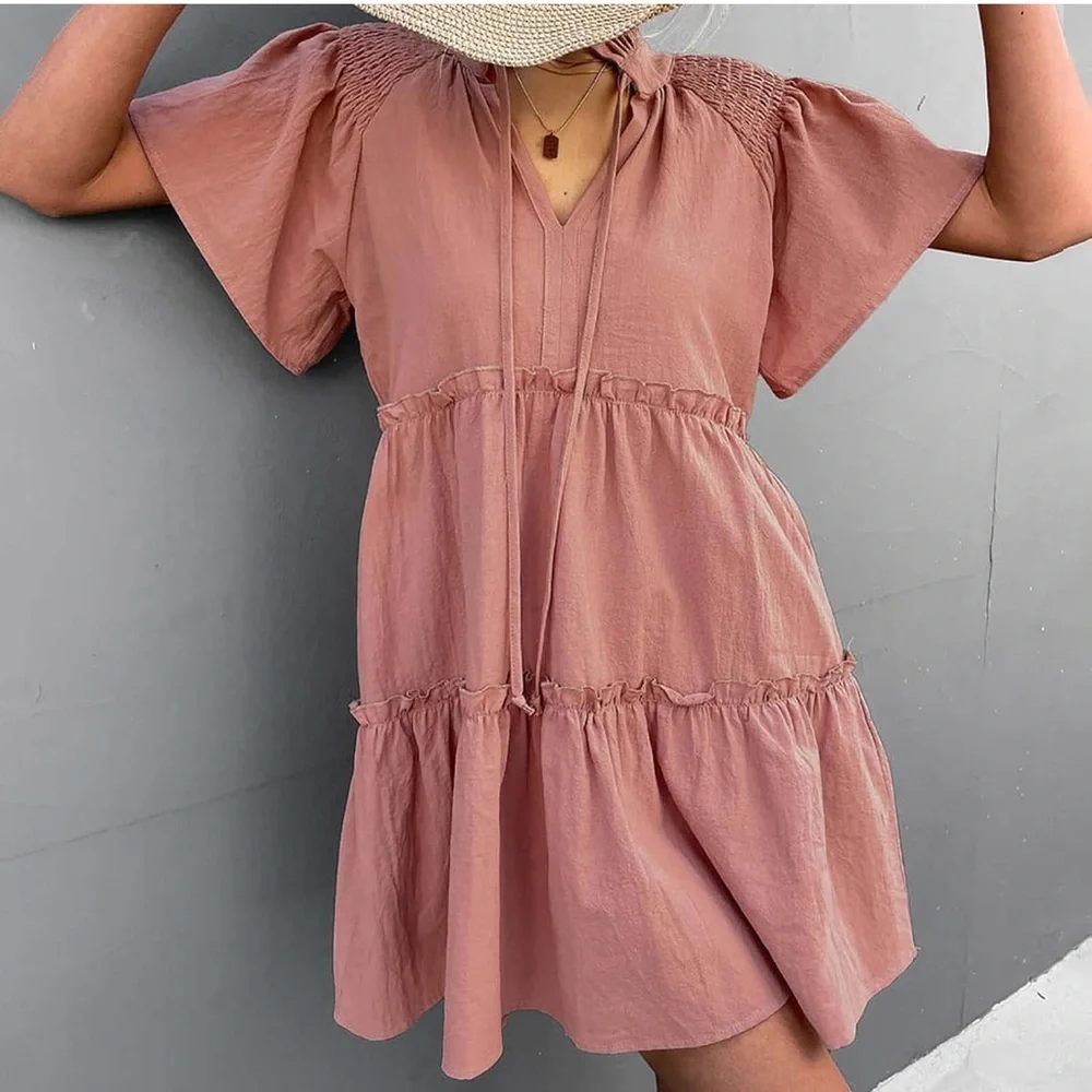 Dusty Pink Boho Tiered Peasant Dress | Feather Tie Neckline & Puff Sleeves Sold❌ - Picture 1 of 5